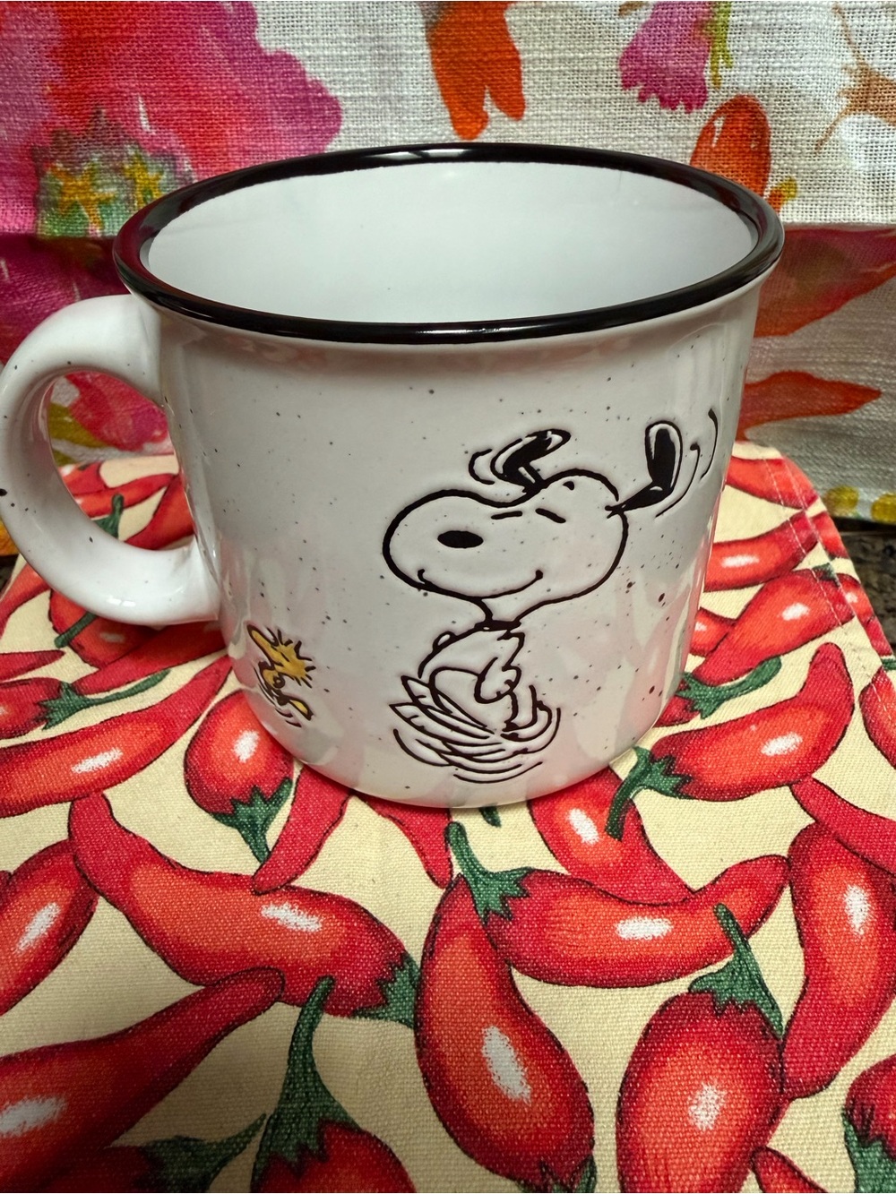 Peanuts White Ceramic Hand painted Snoopy Mug with Black Rim